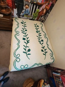 Vtg Yellow & Green Chenille Bedspread Climbing Vine 104" x 96" Cottage Granny - Picture 1 of 11
