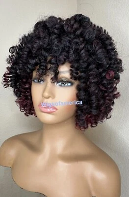 African American Ombré Afro  Curly. Wig Burgundy Black - Image 1 of 4