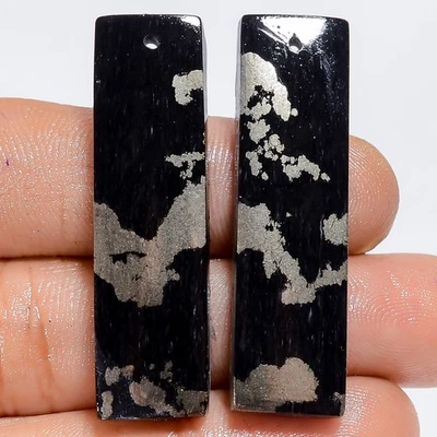 56 Ct. Rectangle Apache Gold Pyrite Cabochon Gemstone Pair Drilled 41X11X4 mm - Image 1 of 2
