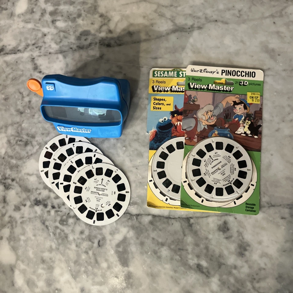 Vintage Blue View-Master 3D con 10 carretes Pinocho Pato Donald Plaza Sésamo Foto 1 de 1