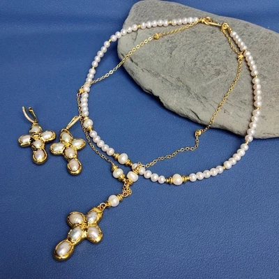 Minimalist White Pearl Crucifix Pendant Handmade Chokers Necklaces Earrings Set - Image 1 of 4