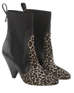 EMPORIO ARMANI Women Boots EU37 Black Leather Leopard Heeled Almond Toe Cowboy - Picture 1 of 10