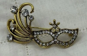 Zierliche goldfarbene Katzenaugenbrille mit Strass Deko Maske Brosche/Anstecknadel - Bild 1 von 3