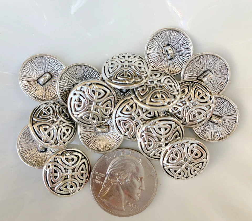 10pc Antiqued Silver Round Sewing Celtic Shank Metal Buttons 17mm (5/8") - Image 1 of 2