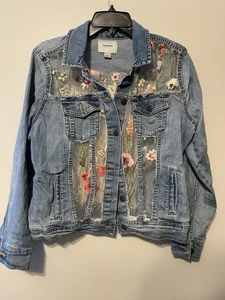 Old Navy Custom Lace Butterflies Sheer See Thru Blue Denim Jacket Size L Wmen - Picture 1 of 7