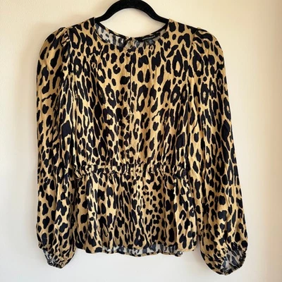 Banana Republic Peplum Leopard Print Tan Black Cinched Long Sleeve Sz XS - Image 1 of 4