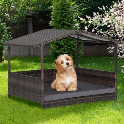 Wicker Dog House with Cushion Lounge Raised Rattan Bed for Indoor/Outdoor Gray Foto 1 de 4