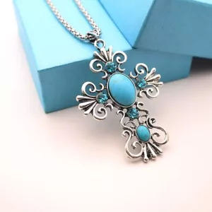 Ciondolo Boho Ricostruito Turchese Magnesite Croce Strass Pietra 21" Catena - Foto 1 di 6