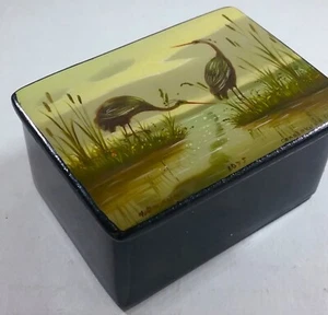 Small Rect Russian Lacquer Box 2 1/2" X 2" X 1 1/2" 2 MARSH BIRDS Quietly SUBTLE - Picture 1 of 8