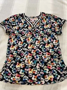 Koi Ltd Edition Scrub Top Blouse Stretch Black Colorful Flowers Womens S NWOT - Picture 1 of 9