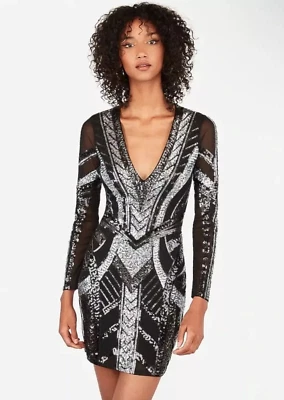 Express ~ Black Silver Deco Sequins Mesh Deep V Long Sleeve Party Dress XS NEW Foto 1 de 4