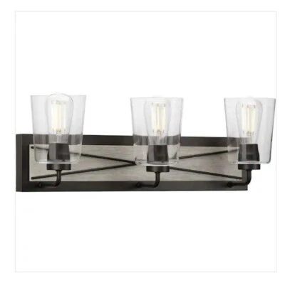 Luz de tocador de baño costero de vidrio transparente grafito 3 luces Briarwood Collection Foto 1 de 3
