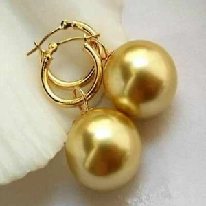 Wedding Huge 14 mm Shell Pearl 18K Gold Hoop Dangle Earrings Women Bridal Art - Picture 1 of 4