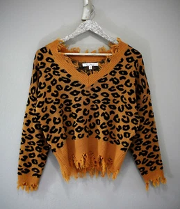 Cheetah Print Fringe Drop Sleeve Crop Sweater SMALL New w/o Tags "Love Tree" CFC - Picture 1 of 6