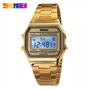 SKMEI Men LED Digital Watch Gold Stainless Steel Strap Bracelet Wristwatches - Picture 1 of 12