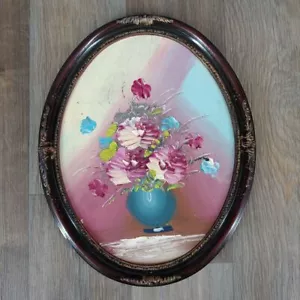 Vintage ovales Stillleben Ölgemälde Blumen gerahmt Wandbild Pastellfarben - Bild 1 von 5