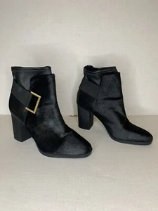 Calvin Klein Ankle Bootie Womens Sz 9.5 Leather Calf Hair Black Block Heel Boots - Picture 1 of 12