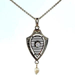 Vintage 14K Yellow Gold Diamond and Pearl Shield-Like Pendant Necklace 16" - Picture 1 of 9