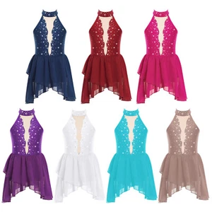 Kids Girls Dress Halter Dancewear Sheer Mesh Leotard Irregular Hem Competition - Picture 1 of 70