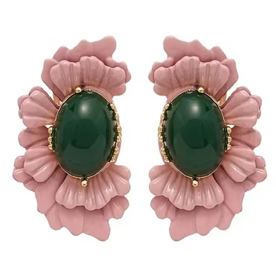 Pendientes Flor Museo Jade Esmalte Rosa Medio Tachuela Zara Boho Verde Art Deco Retro Foto 1 de 4