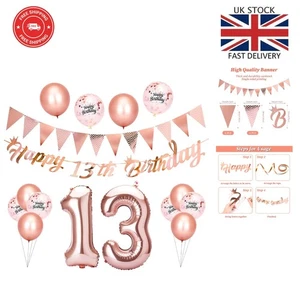 Komplettes Party-Deko-Set zum 13. Geburtstag - Motiv Roségold für Jungen & Mädchen - Bild 1 von 9