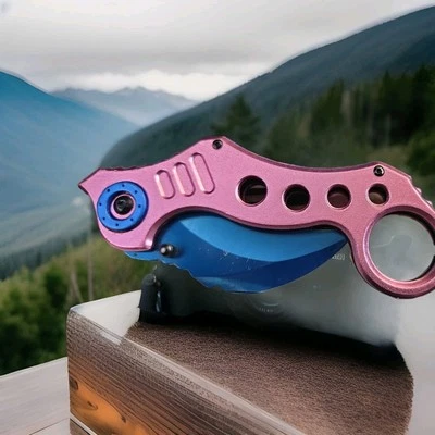 Faca tática externa 8" rosa e azul Karambit com mola assistida acampamento e EDCKnife - Imagem 1 de 3