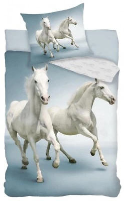 PHOTOHAUS White Grey 2 Horses Pony bed Set Single Bedding set 100% Cotton continental size