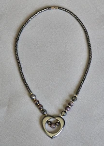 Natural Gray Hematite Necklace W/Heart Pendant & Mauve-ish Brown Cats Eye Beads - Picture 1 of 6