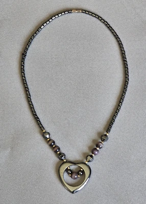Natural Gray Hematite Necklace W/Heart Pendant & Mauve-ish Brown Cats Eye Beads - Image 1 of 4