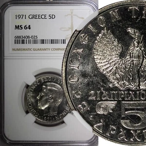 GREECE Constantine II Copper-Nickel 1971 5 Drachmai NGC MS64 KM# 100 (025) - Picture 1 of 5