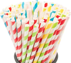 100PCS Biodegradable Paper Straws Bulk, Assorted Rainbow Colors Striped Drinking - Picture 1 of 6