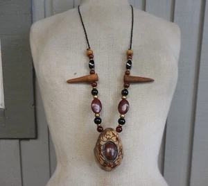 Tagua Secret Pipe Necklace w Mahogany Obsidian Onyx Beads Antler Tips Adjustable - Picture 1 of 13