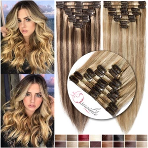 CLEARANCE 100% Best Clip In Real Human Remy Hair Extensions Full Head Brown Long - Picture 1 of 32