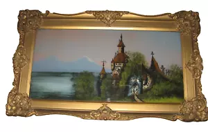 Antique Ornate Gilt Carved Wood Gesso Frame Reverse Painted Castle Church scene - Picture 1 of 16