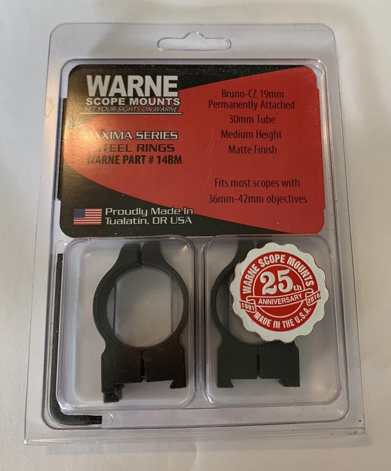 Warne CZ 19 毫米瞄准镜安装 Maxima QD 戒指 30 毫米 - 中号 哑光 #14BM 瞄准镜支架 — 第 1/2 张图片