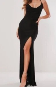 NWT Missguided Sexy Black Halter Cowl Neck Side Slit Maxi Dress - Picture 1 of 9