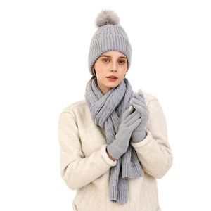 Winter Beanie Hat Scarf Gloves Set for Women Beanie with Pom Long Scarf Warm - Picture 1 of 7