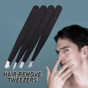 Tweezers Set 4-Piece Professional Black Plucker Stainless Steel With Case - Picture 1 of 4