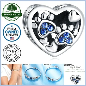 Sterling Silber Welpe Pfote Herz Charm mit Kristall passt europäischen Armbändern - Bild 1 von 7