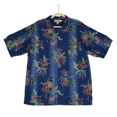 TOMMY BAHAMA Floral Silk Shirt Mens M Blue Short Sleeve Coastal Hawaiian Beach - Image 1 of 4