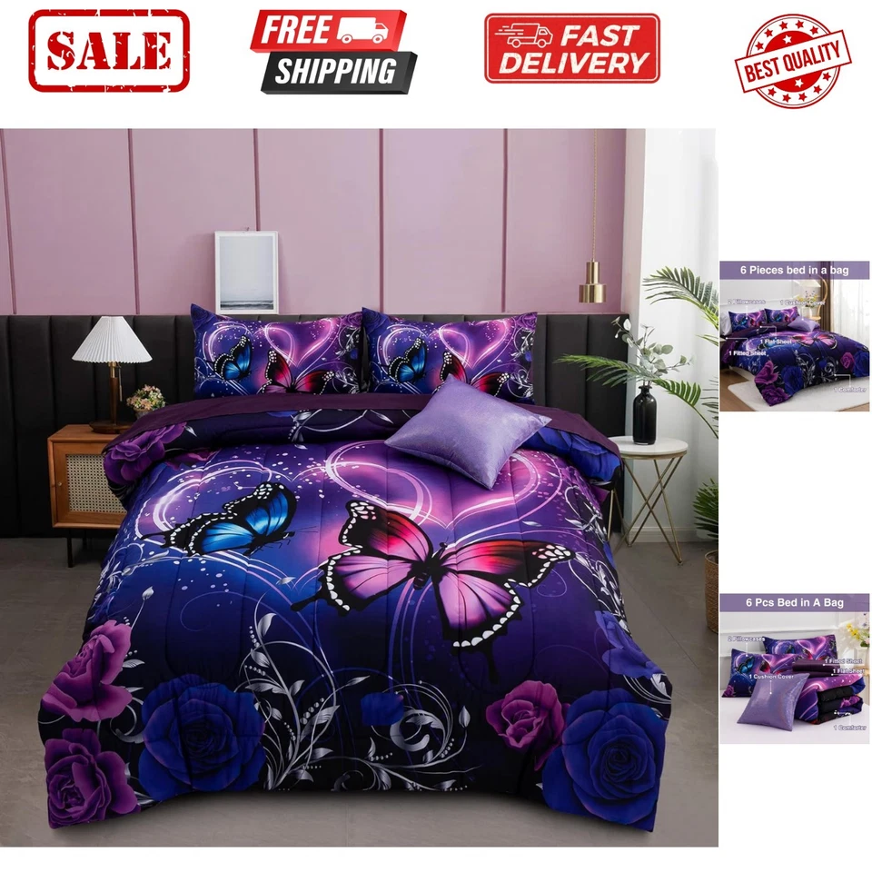 Galaxy 6 peças cama em uma bolsa roxa e azul sonhadora 3D borboleta impressa, manteiga... - Imagem 1 de 4