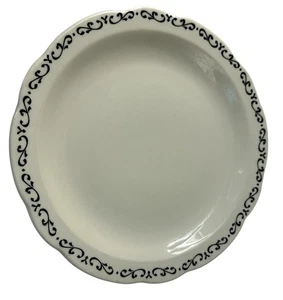 Plato de cena de cerámica BUFFALO China EE. UU. blanco con pergaminos negros vintage - Imagen 1 de 14