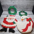2 Vtg Merry Christmas Door Knob Hanger Santa Claus & Goose Fabric Holiday Decor