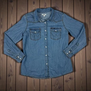 Wrangler Retro Mujer M Azul Denim Camisa Occidental Perla Snap Up Cambray Top - Imagen 1 de 5