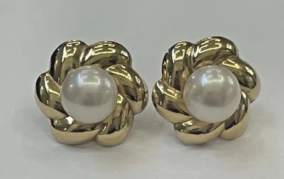 Vintage 14k Yellow Gold Swirl Love Knot Pearl Stud Earrings 3 Part Guard 1G🌺🌺 - Image 1 of 4
