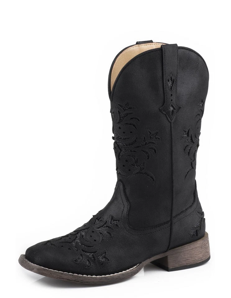 Roper Kennedy Glitter Tooled Inlay Square Toe Cowboy Womens Black Boots Size 9