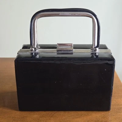 Vintage Box Purse Black Vinyl Small Case Bag Silver Metal Trim - Image 1 of 4