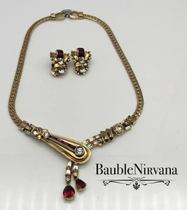 Vintage Mazer Bros Gorgeous Red&Rhinestone Baguette Drape Necklace&Earrings Set - Picture 1 of 11