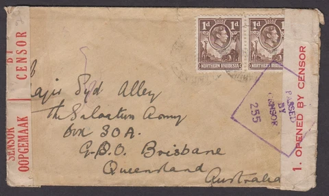 Northern Rhodesia 1941 cover sent surface mail to Australia KGVI censored Cover