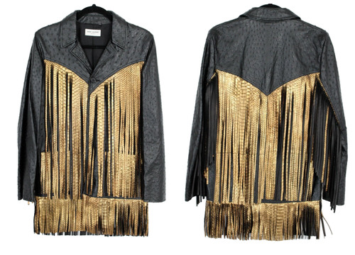 SAINT LAURENT (YSL) Giacca uomo SAINT LAURENT Hedi Slimane AW16 pelle di struzzo nero frange oro 44